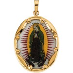 Gold and porcelain Our Lady of Guadalupe medal.